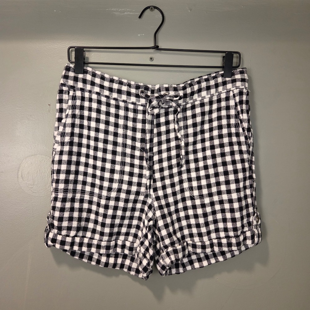Per se Women's Linen Blend Gingham Plaid Pull On Shorts Size M Black‎ White
